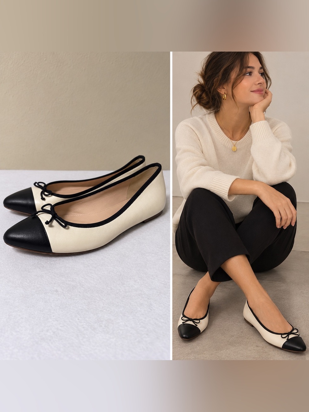 J Crew Cap-toe Leather Ballet Flats Cream and Black Colorblock Palette Size 6.5
